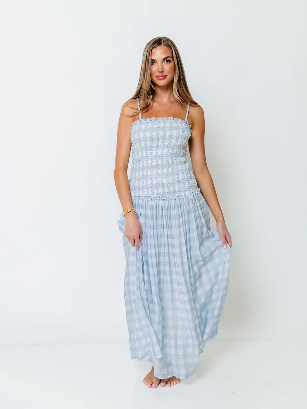 Light Blue Gingham Smocked Maxi Dress with Spaghetti Straps